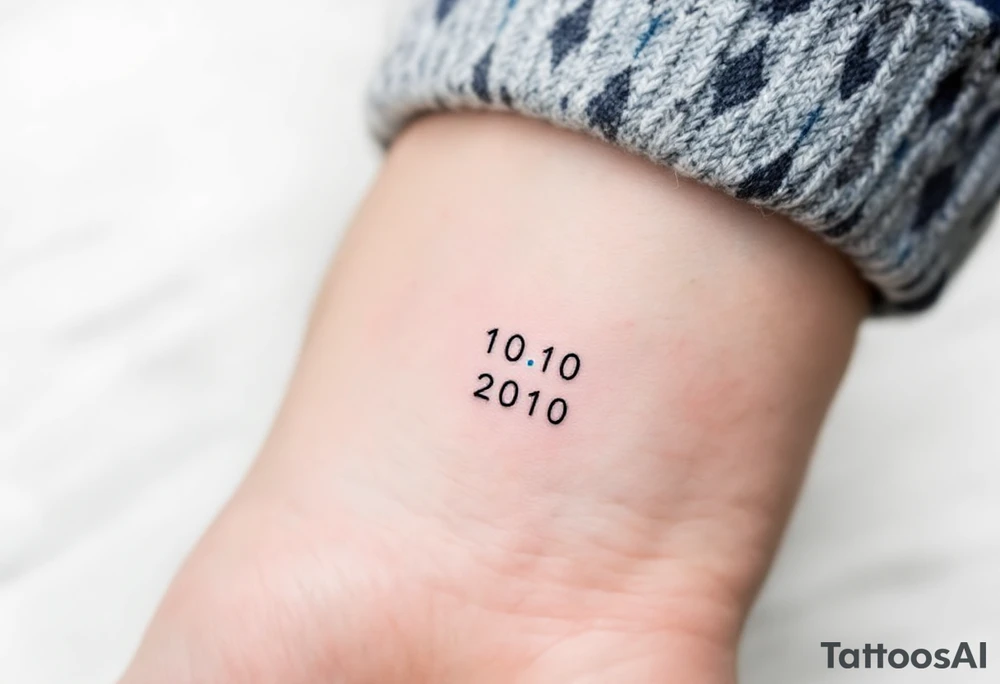 Minimalist 10.10.2010 in thin black sans serif with a small sky-blue dot between each number. tattoo idea