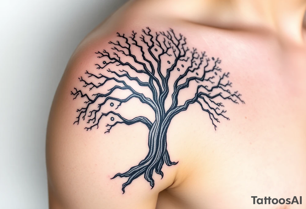 Large Flowing asymmetrical Yggdrasil tree that extends down arm and onto back and chest. Bold and simple branches that do not look realistic. tattoo idea