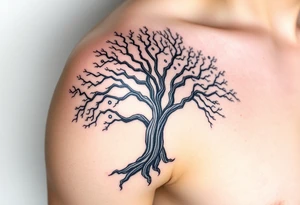 Large Flowing asymmetrical Yggdrasil tree that extends down arm and onto back and chest. Bold and simple branches that do not look realistic. tattoo idea