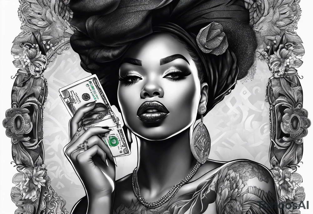 black woman with money in her mouth tattoo idea