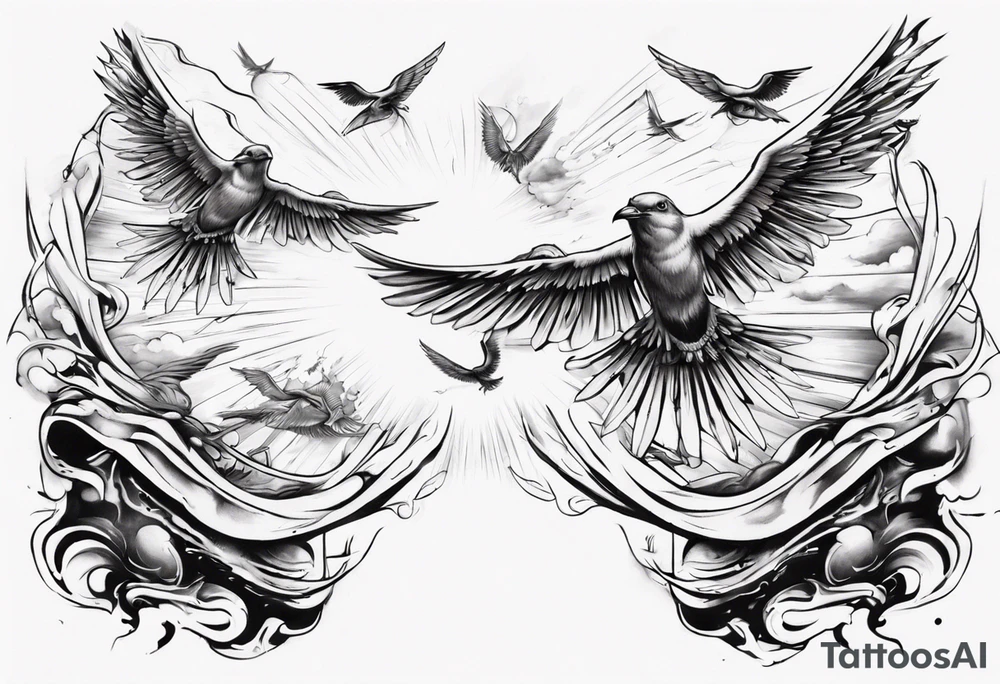 a shoulder tattoo with rays of light, clouds and birds flying free tattoo idea
