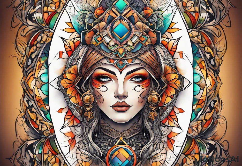 front knee tattoo with sacred geometry, swirls & washes, background and in fall colors tattoo idea