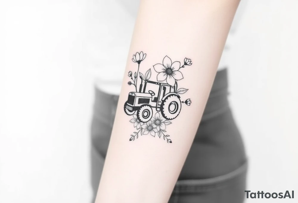 A bouquet of flowers with a tractor in it tattoo idea