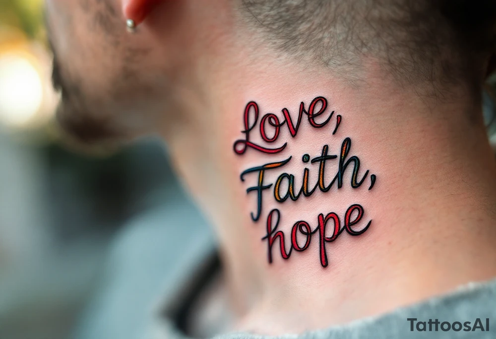 "Love, Faith, Hope" in stacked formation with thin black bars separating each word and soft gradient fills inside. tattoo idea