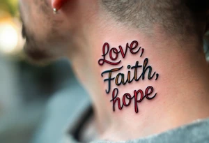 "Love, Faith, Hope" in stacked formation with thin black bars separating each word and soft gradient fills inside. tattoo idea