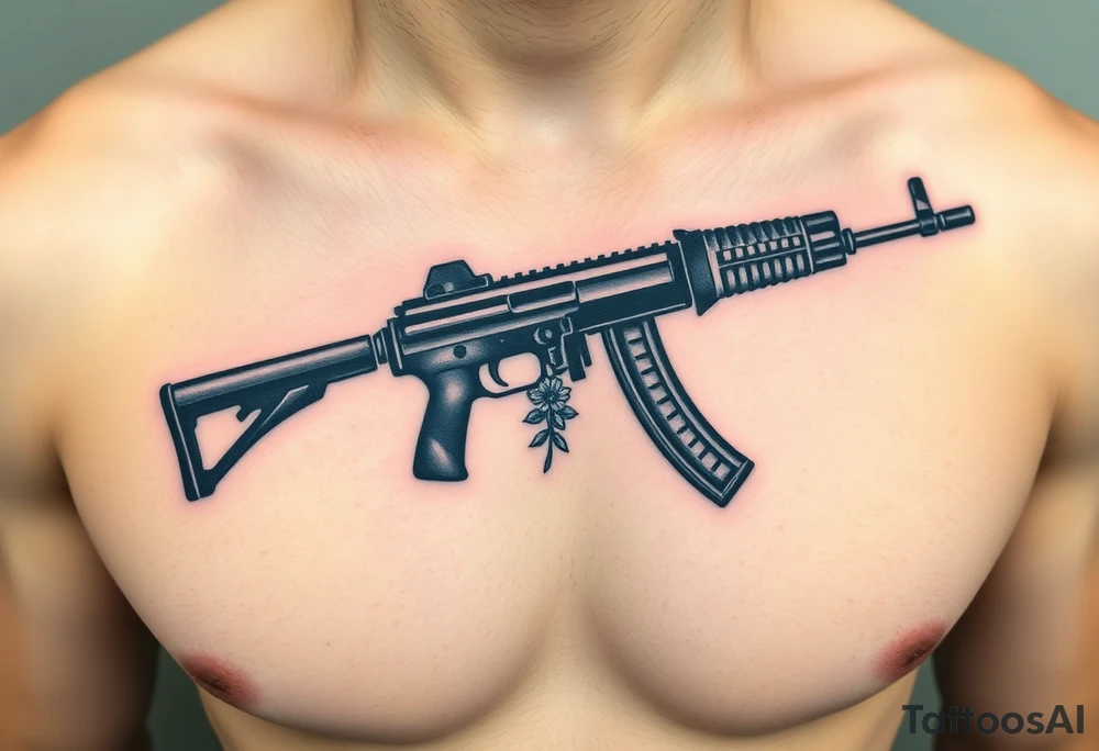 ak 47 black silhouette with floreal details tattoo idea