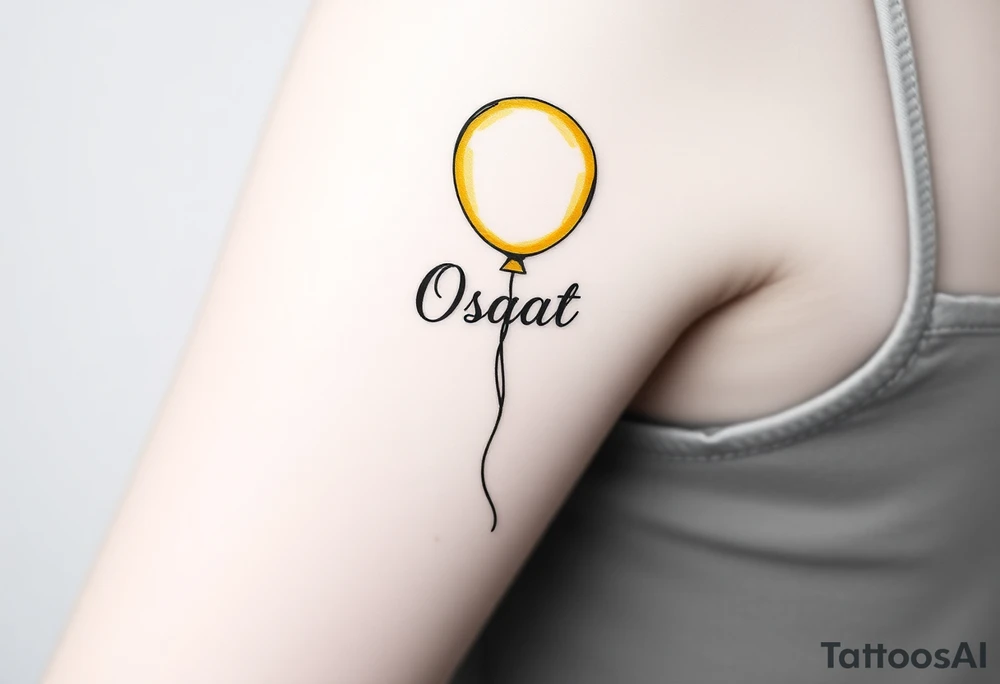 small yellow balloon with letters osaat on bicep tattoo idea
