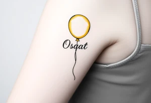 small yellow balloon with letters osaat on bicep tattoo idea