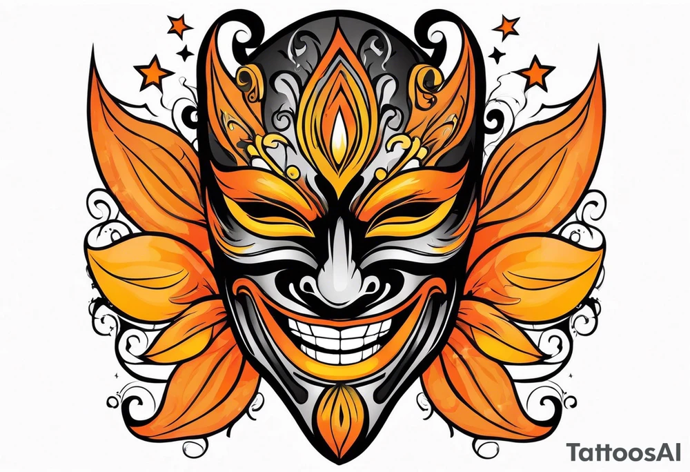 Laughing Male masquerade mask with orange and black smoke tattoo idea
