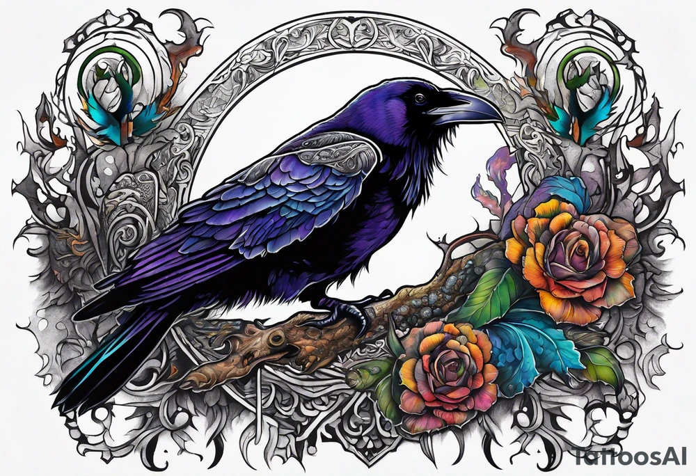 Raven overlooking a ornate cow skull and a decaying snapping turtle tattoo idea