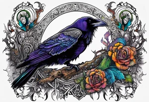 Raven overlooking a ornate cow skull and a decaying snapping turtle tattoo idea