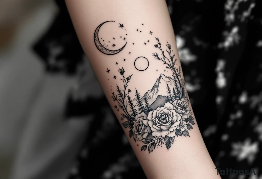 Roses wild flower vines with moon and stars mountains wrap around arm forest with cuff with mandala wrap around arm tattoo idea