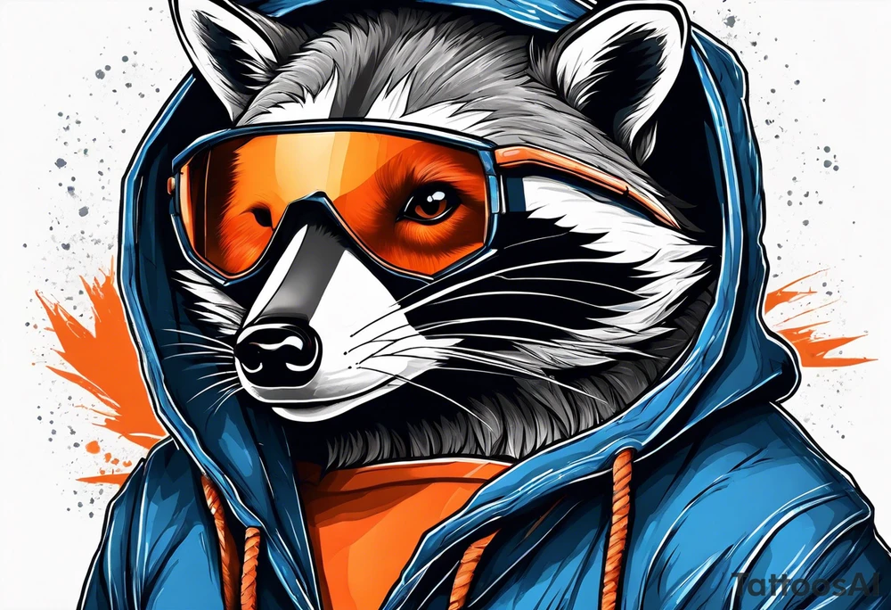 Raccoon wearing an orange Superman hoodie tattoo idea