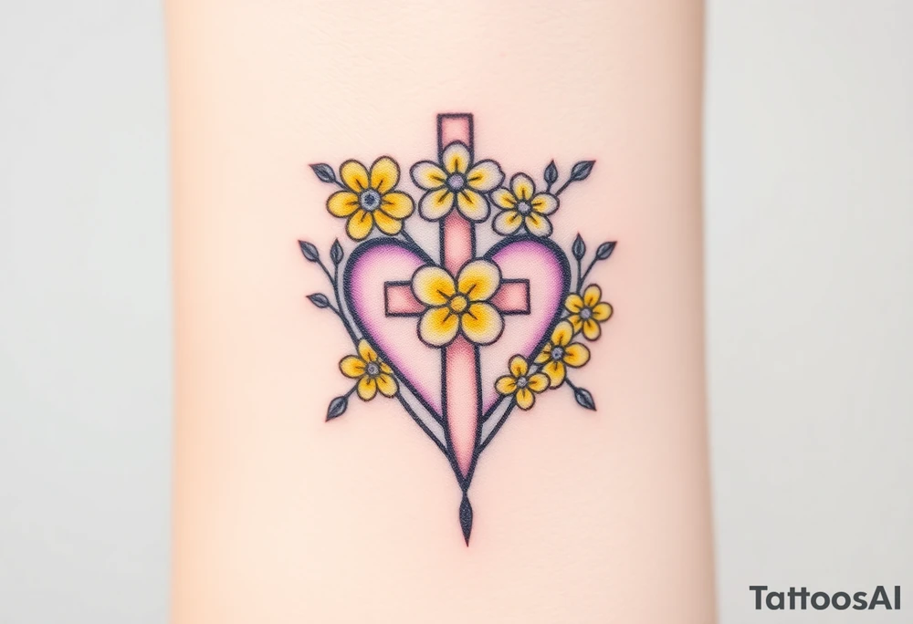 Yellow daisy Purple Hearts around a cross tattoo idea
