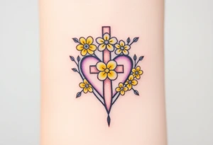 Yellow daisy Purple Hearts around a cross tattoo idea