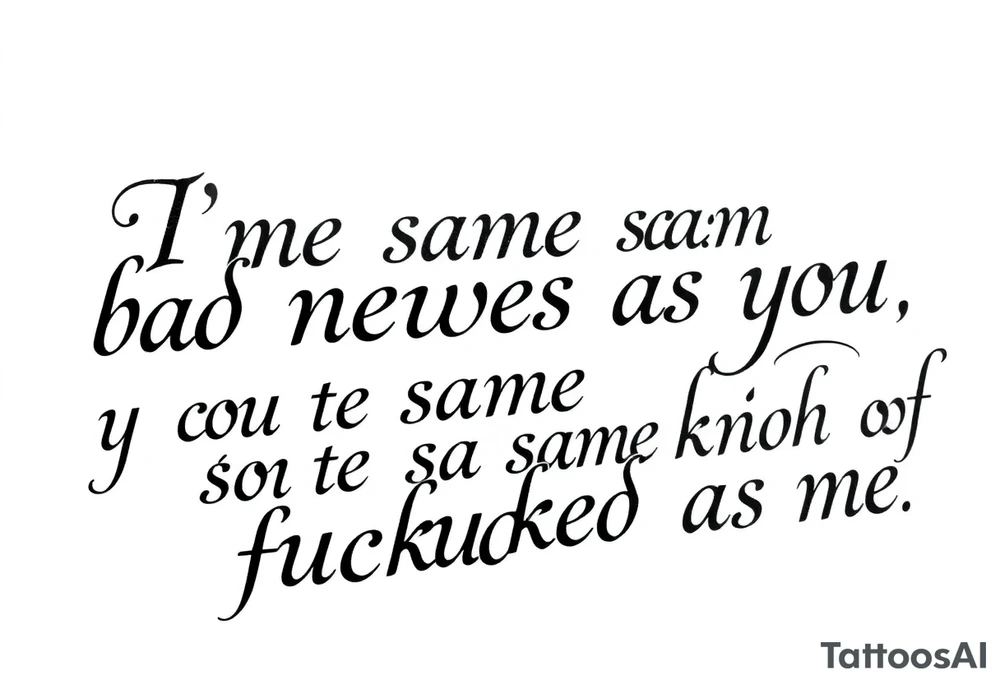 Chicano blackletter script tattoo, elegant cursive with thick and thin strokes, dramatic flourishes on 'f' and 'y'. Text: “I’m the same bad news as you, you’re the same kind of fucked as me.” High contrast, black ink on white background, no shading, no color tattoo idea