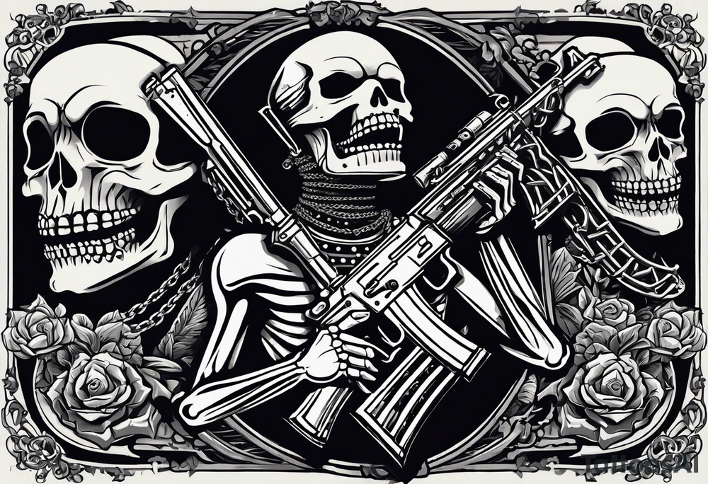 image of a skeleton standing frontally with a crown on his head, holding an AK-47 on his shoulder with his right hand. The chain on the left should be taut, there are three angry barking Dobermans in it, near the waist tattoo idea