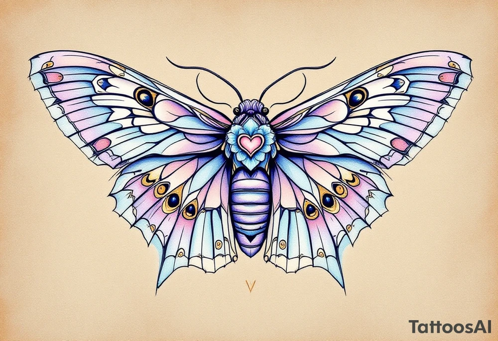 A delicate moth with intricately patterned wings, adorned with soft pastel hues of lavender, pale pink, and light blue. The wings are outlined in fine black ink to accentuate the details, with small golden accents at the tips of the wings, symbolizing enlightenment and transformation. In the center of the moth’s body, a small heart-shaped symbol is subtly integrated, representing love. tattoo idea