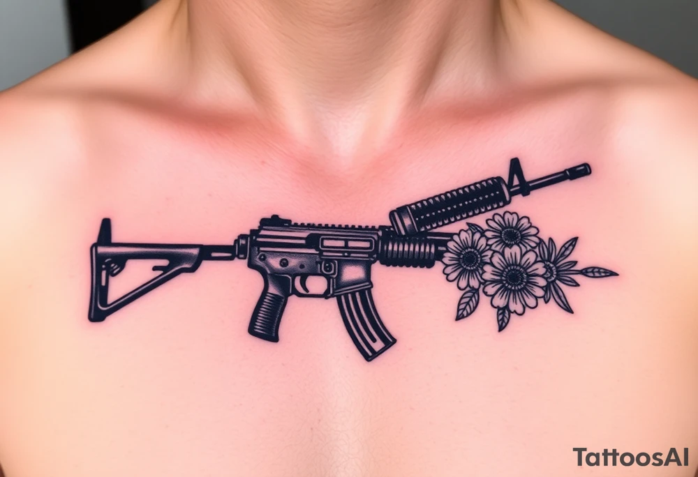 ak 47 black silhouette with floreal details tattoo idea