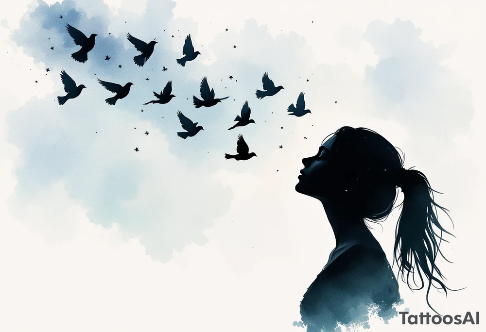 A black silhouette of a girl releasing birds into a watercolor sky represents emotional release. tattoo idea