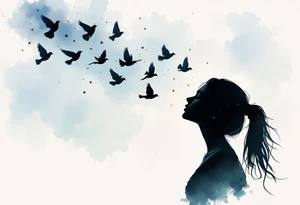 A black silhouette of a girl releasing birds into a watercolor sky represents emotional release. tattoo idea