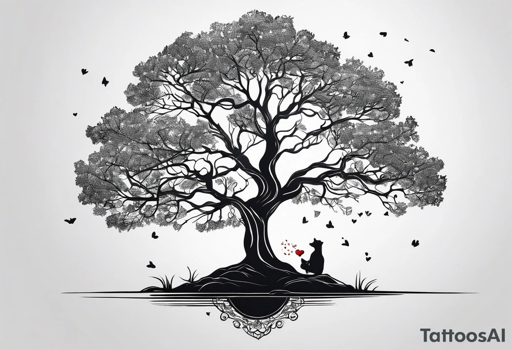 One line tattoo of oak tree with little gift at the bottom tattoo idea
