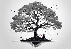 One line tattoo of oak tree with little gift at the bottom tattoo idea