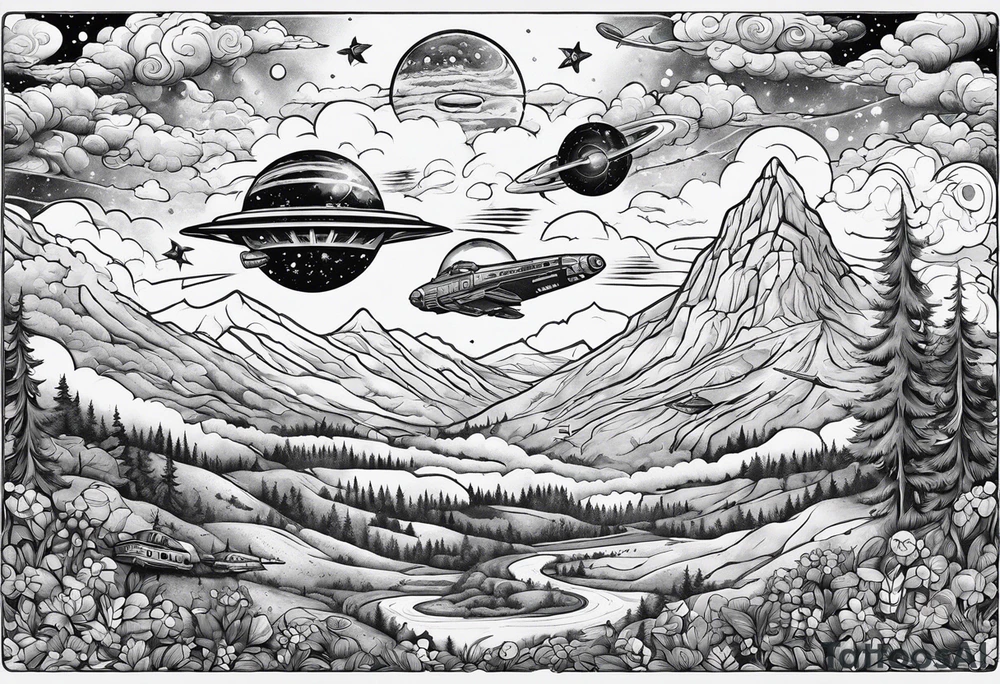 Full Arm Sleeve
Top arm space themed with aliens black holes ufos and rockets
Mid arm slow transition to the sky with airplanes flying around
bottom arm and hand i want it to be the blue ridge parkway with animals local to that area tattoo idea