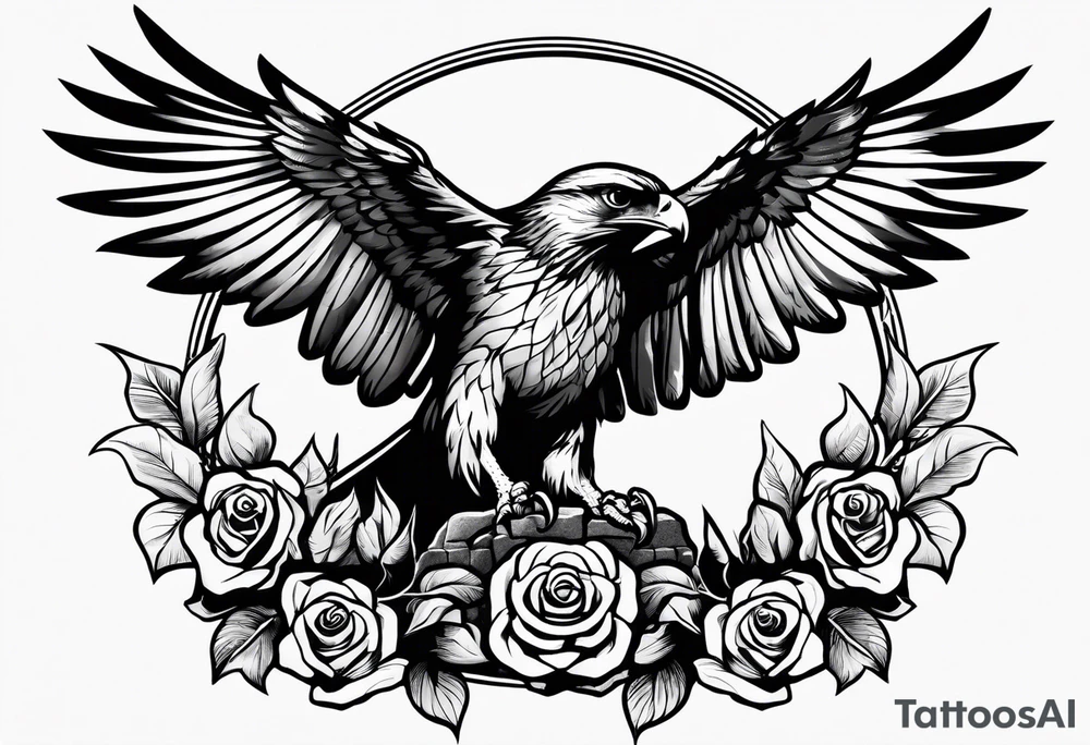 Hawk with rose in mouth flying down on a tombstone tattoo idea Hawk with rose in mouth flying down on a tombstone tattoo idea