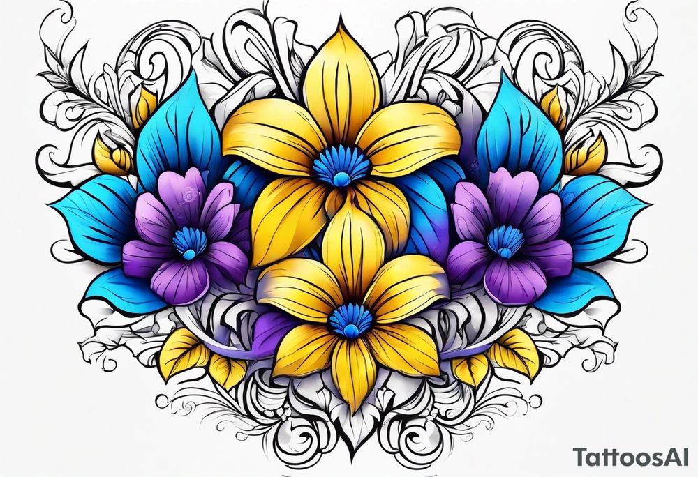 Blue yellow and purple flowers arm sleeve tattoo idea