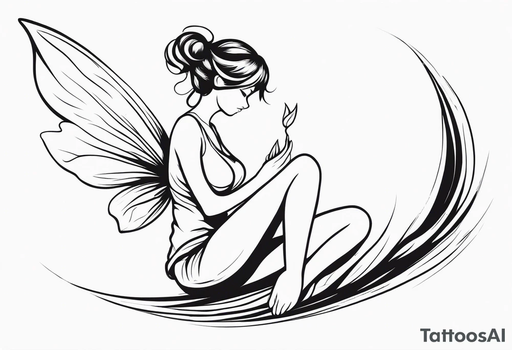 Minimalistic, monochromatic fairy with a tail flying to the left in a fetal position, leaning and looking in the same direction, with visible hands, embodying the 'Fairy Tail' logo aesthetic. tattoo idea