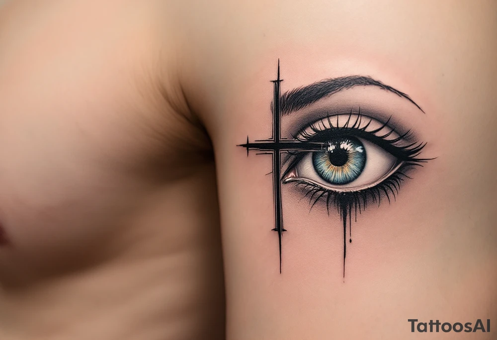A thin black cross placed  next to eye tattoo, minimalist and sharp, symbolizing inner strength and spiritual reflection. tattoo idea