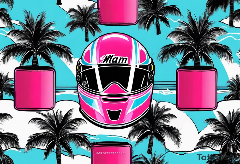 Formula 1 Helment with the Miami name a palm tree and pink black and light blue colors tattoo idea