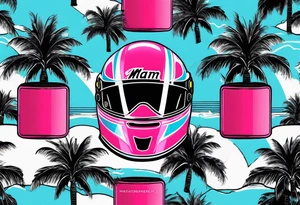 Formula 1 Helment with the Miami name a palm tree and pink black and light blue colors tattoo idea