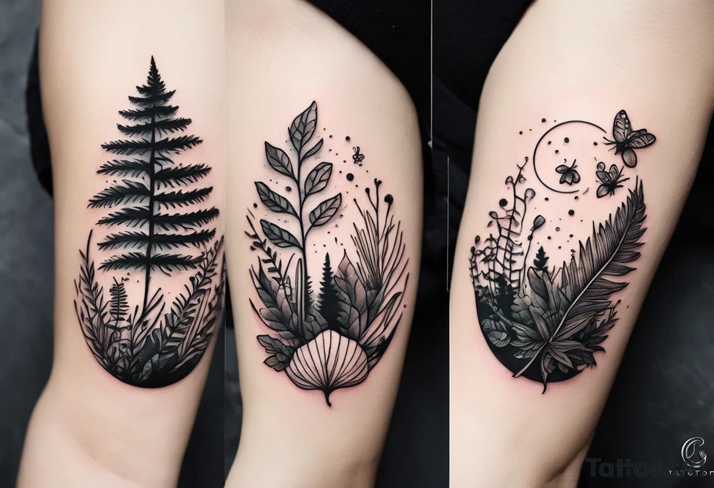 forest floor inspired minimalist tattoo, which includes grass, curly ferns and dead leaves as the bulk of the tattoo. details to include: three very tiny strawberries, a tiny bumblebee flying nearby, three small brown mushrooms
Generate a vertically long one tattoo idea
