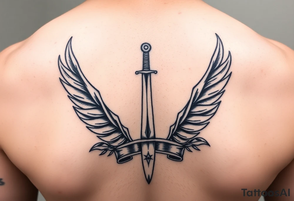 Laurel crown with a sword and wings tattoo idea