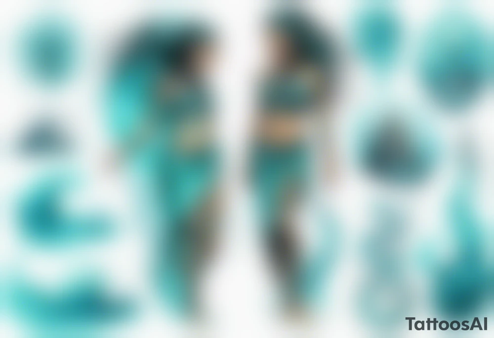 a turquoise Na'vi woman standing in the sea with water for legs surrounded by crashing waves tattoo idea