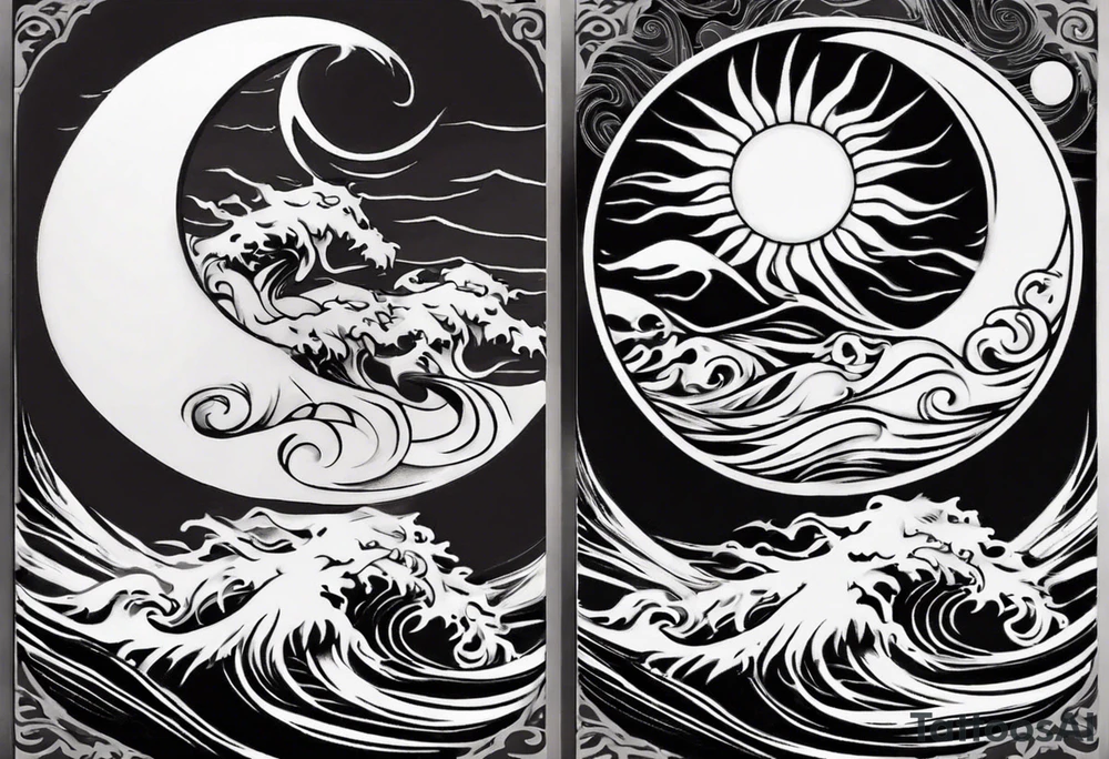 yin yang with sun and moon over ocean wave and mountains tattoo idea