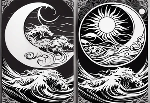 yin yang with sun and moon over ocean wave and mountains tattoo idea