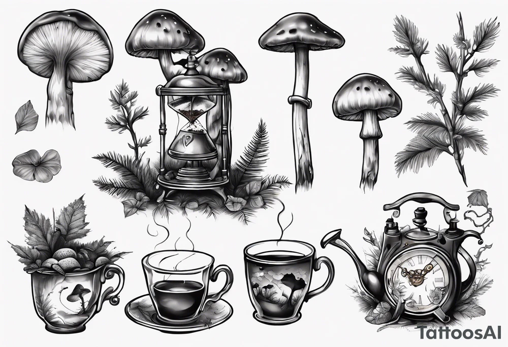 mounting landscape with little boletus in the forest.
Add in a middle an antique clock at 9:44pm. across the tattoo a cinema film. And on top a game of poker cards. a Grandma's walking stick and 
A real Italian coffee maker. tattoo idea