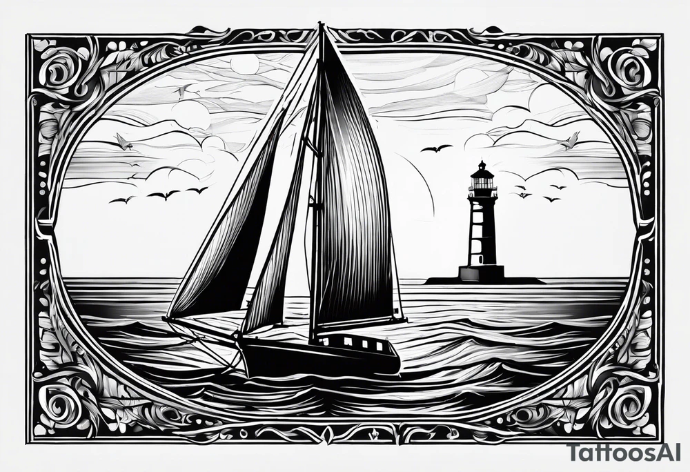 voilier vue de face. phare maritime fixé au centre du voilier et utilisé comme un mat pour les voiles. tattoo idea