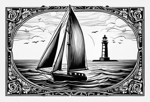voilier vue de face. phare maritime fixé au centre du voilier et utilisé comme un mat pour les voiles. tattoo idea