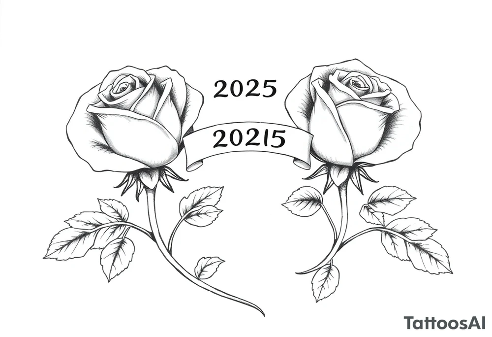 two beautiful rose buds, side by side, with many leaves and their stems intertwined, representing two people in love. Include a banner connecting the two roses with "2025" on it.  The word "Rose" written in Kanji above the drawing.  Use dark outlines with little shading. The two stems should intertwine and join into one stem, whimsically curved or twisted - not straight down. tattoo idea