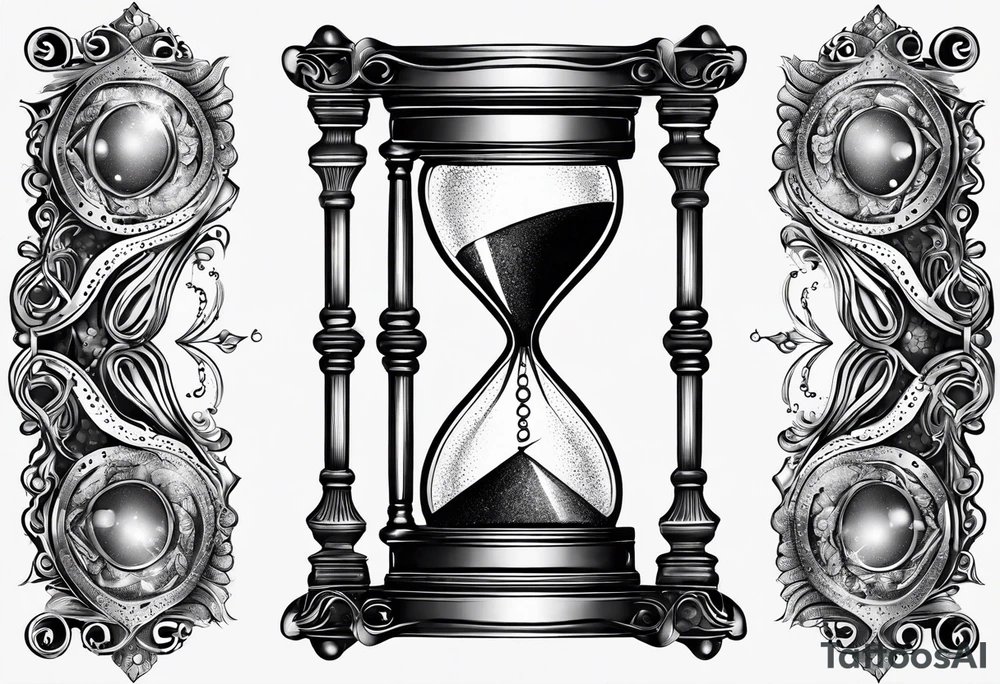ornate hourglass, long, cosmic stardust, masculine, minimalist, tattoo idea