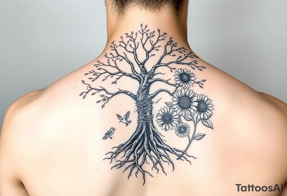 Tree with roots, rose and sunflower garden and bird tattoo idea
