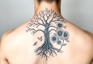 Tree with roots, rose and sunflower garden and bird tattoo idea