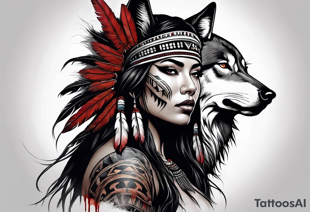 dark organic line artwork, photo realistic woman, native american, wolf, blood tattoo idea