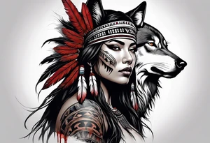 dark organic line artwork, photo realistic woman, native american, wolf, blood tattoo idea