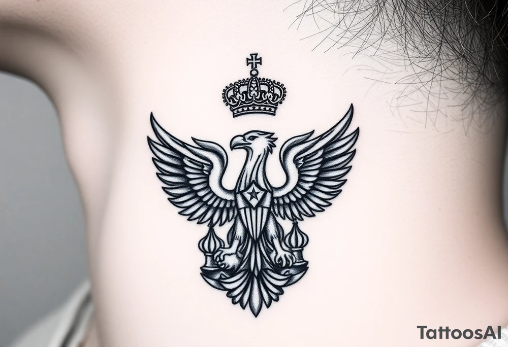 St. George, 3 russian imperial crowns above the Russian coat of arms double eagle and sitting above its wingspan sitting just above Kremlin or St. Basil's Cathedral scene  on the side of my neck tattoo idea