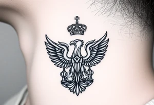 St. George, 3 russian imperial crowns above the Russian coat of arms double eagle and sitting above its wingspan sitting just above Kremlin or St. Basil's Cathedral scene  on the side of my neck tattoo idea